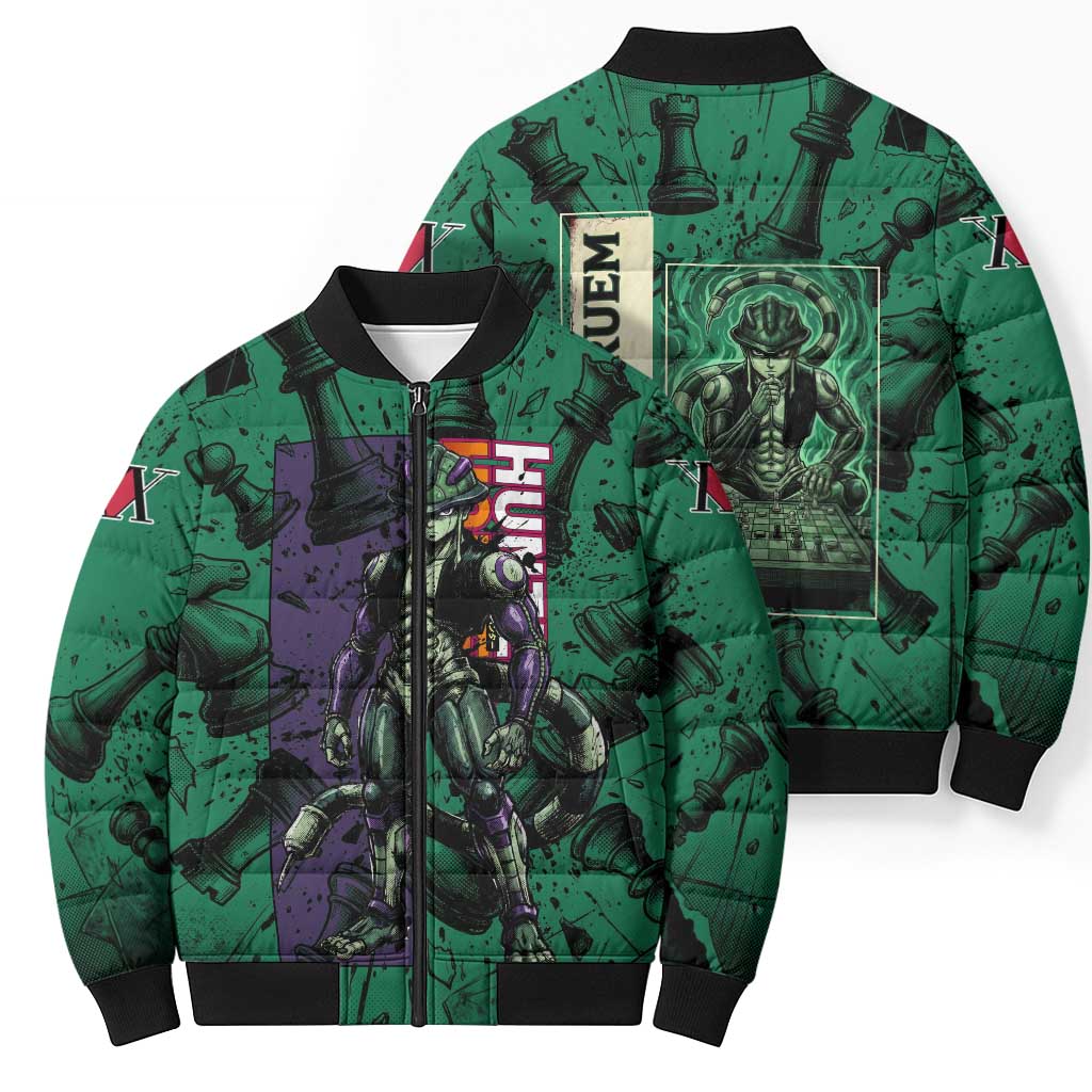 Meruem Chess Theme Bomber Puffer Jacket with Dark Aura and Strategic Anime Artwork Design - The Mazicc