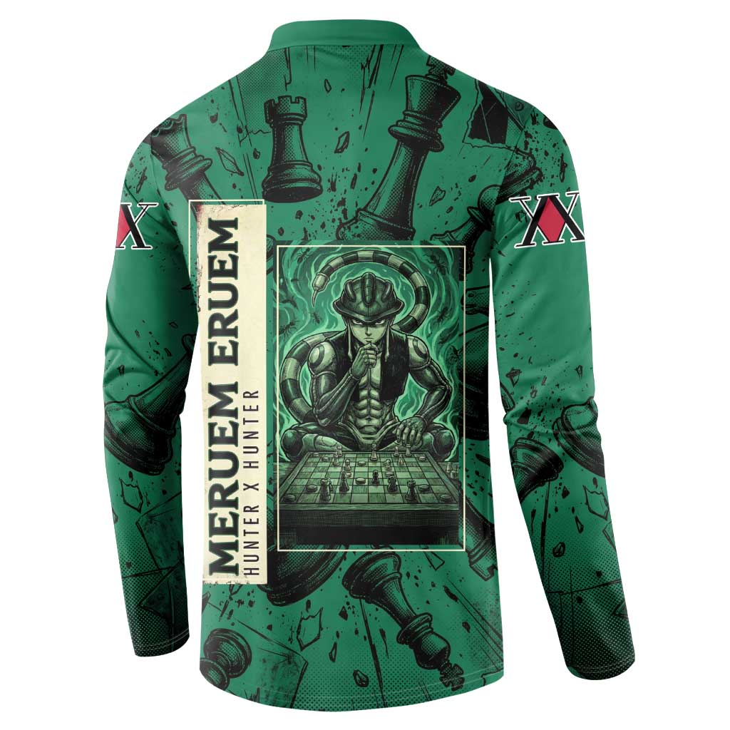Meruem Chess Theme Button Sweatshirt with Dark Aura and Strategic Anime Artwork Design - The Mazicc