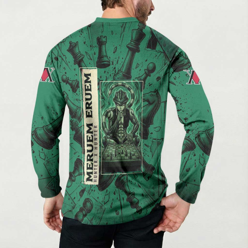 Meruem Chess Theme Button Sweatshirt with Dark Aura and Strategic Anime Artwork Design - The Mazicc
