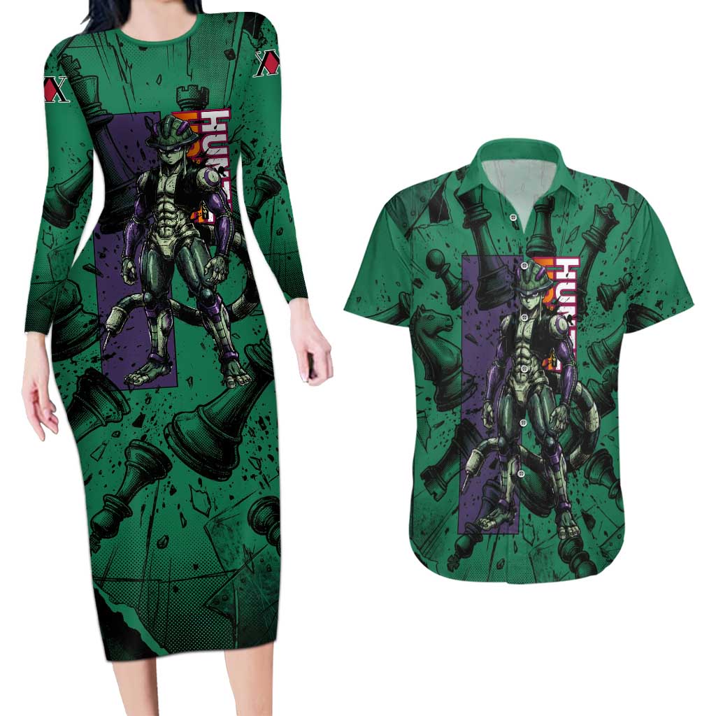 Meruem Chess Theme Couples Matching Long Sleeve Bodycon Dress and Hawaiian Shirt with Dark Aura and Strategic Anime Artwork Design - The Mazicc