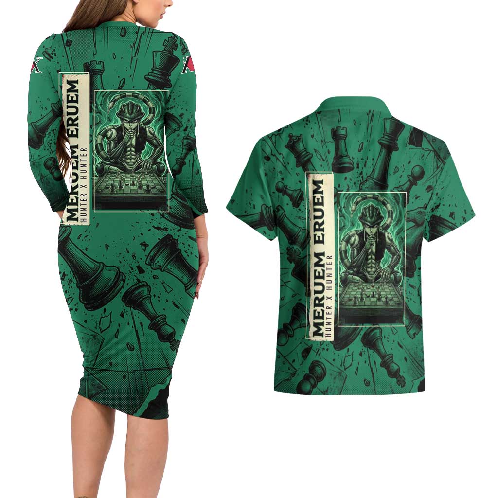 Meruem Chess Theme Couples Matching Long Sleeve Bodycon Dress and Hawaiian Shirt with Dark Aura and Strategic Anime Artwork Design - The Mazicc