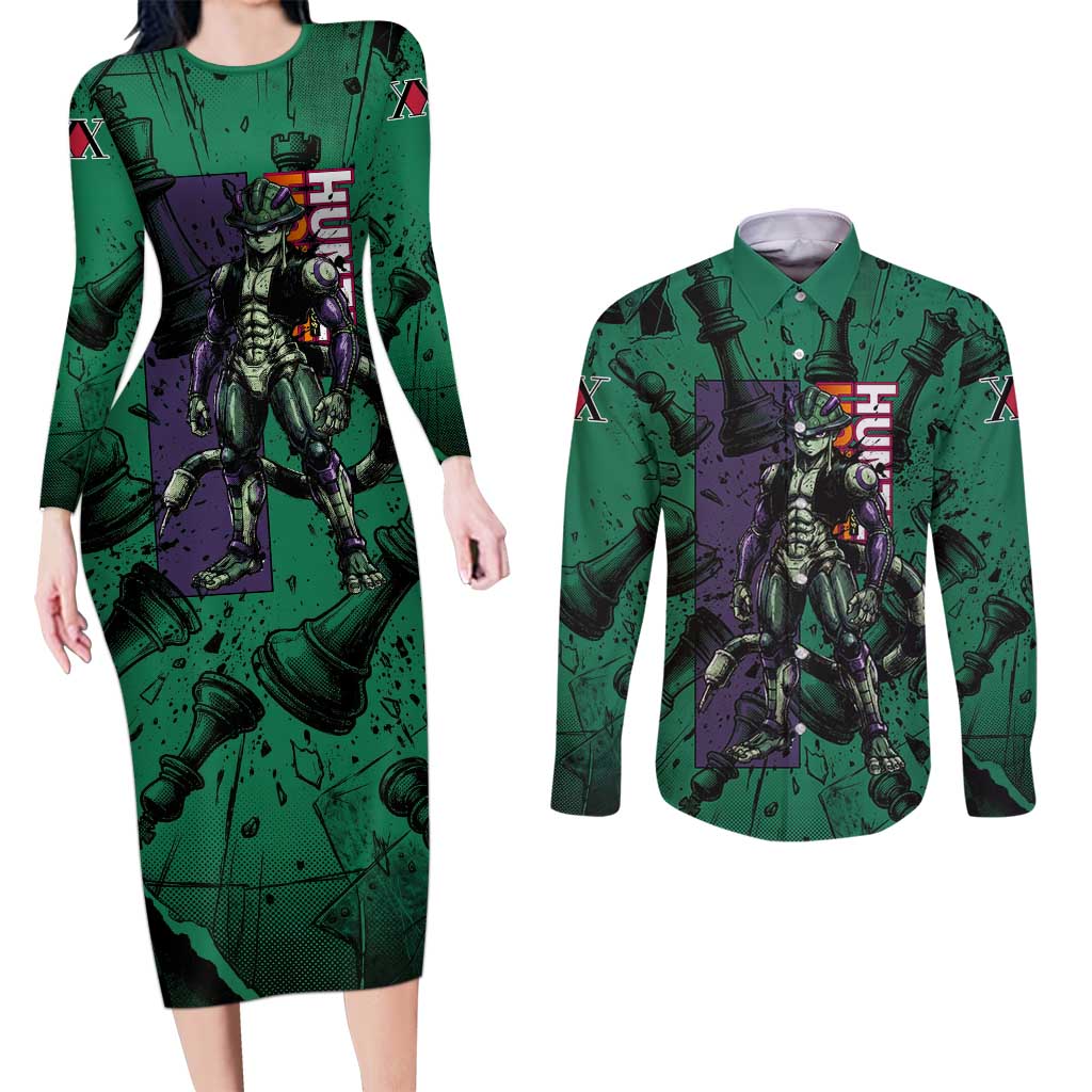 Meruem Chess Theme Couples Matching Long Sleeve Bodycon Dress and Long Sleeve Button Shirt with Dark Aura and Strategic Anime Artwork Design - The Mazicc
