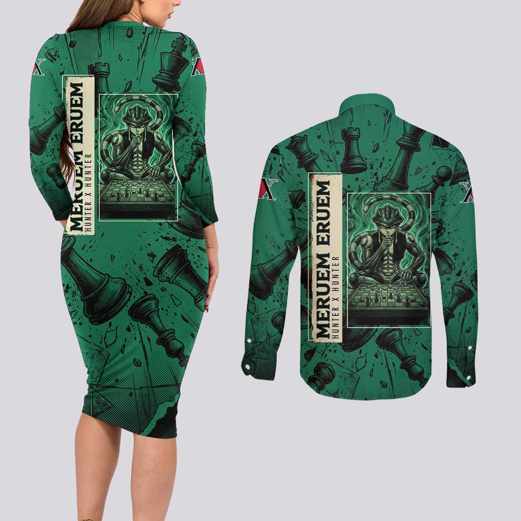 Meruem Chess Theme Couples Matching Long Sleeve Bodycon Dress and Long Sleeve Button Shirt with Dark Aura and Strategic Anime Artwork Design - The Mazicc
