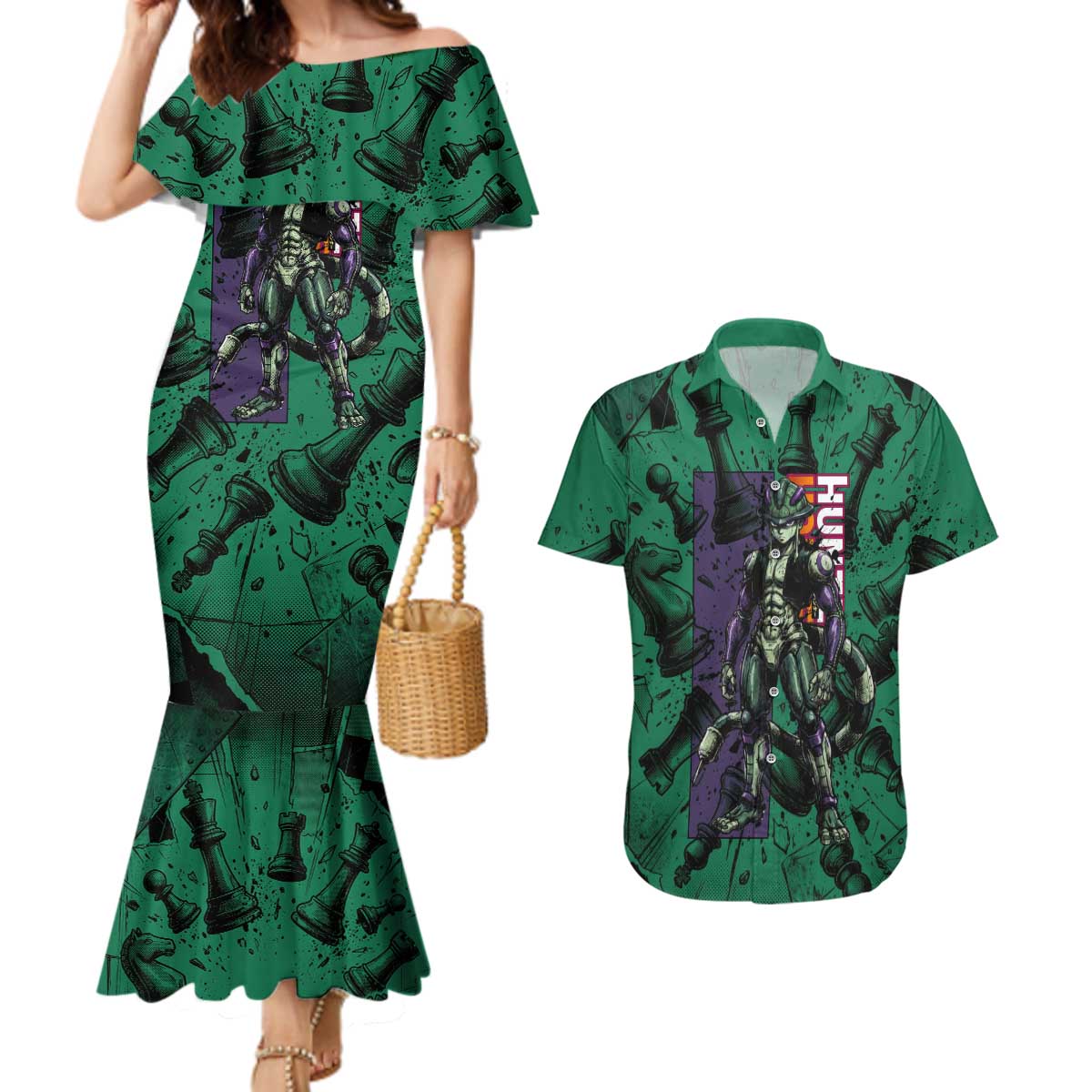 Meruem Chess Theme Couples Matching Mermaid Dress and Hawaiian Shirt with Dark Aura and Strategic Anime Artwork Design - The Mazicc