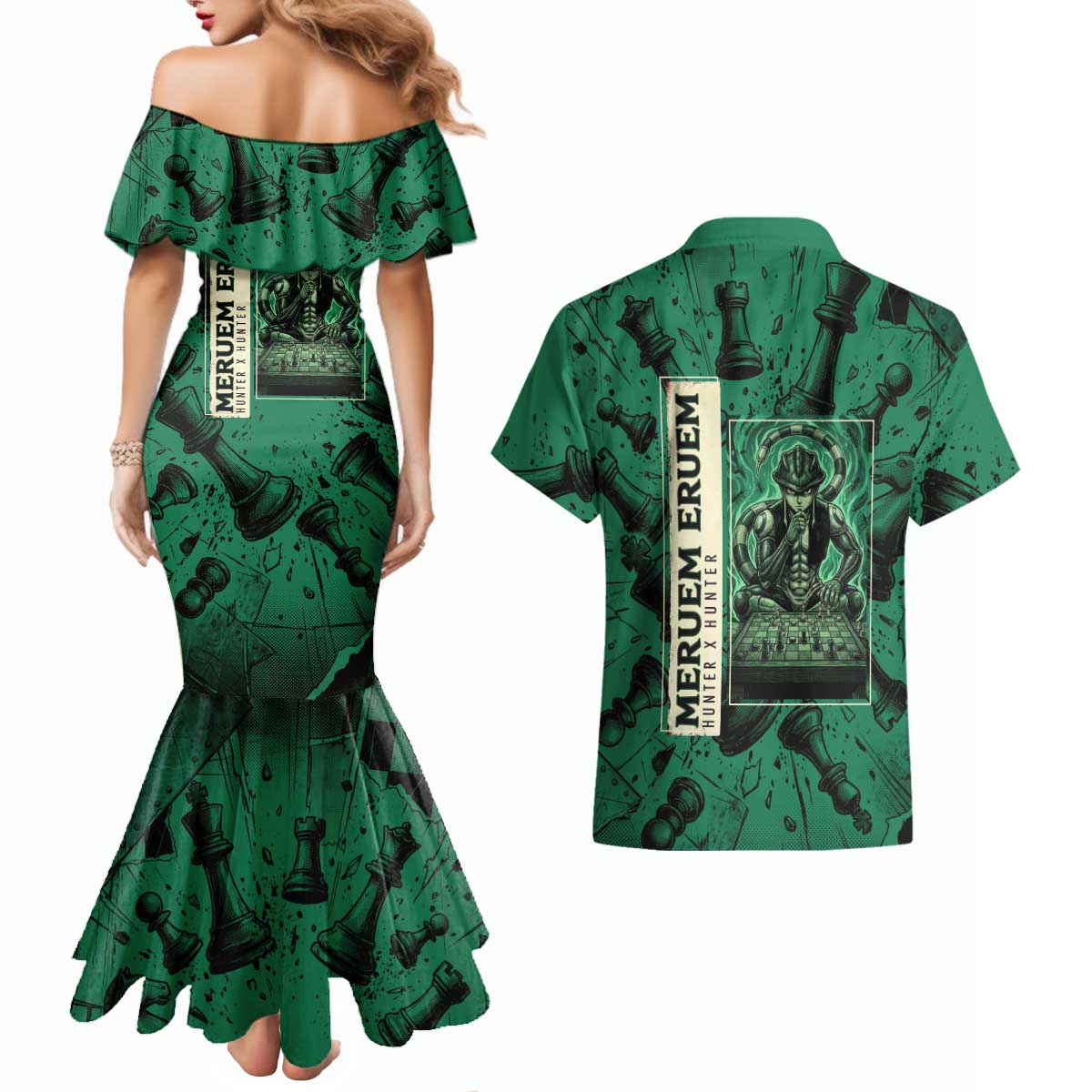 Meruem Chess Theme Couples Matching Mermaid Dress and Hawaiian Shirt with Dark Aura and Strategic Anime Artwork Design - The Mazicc