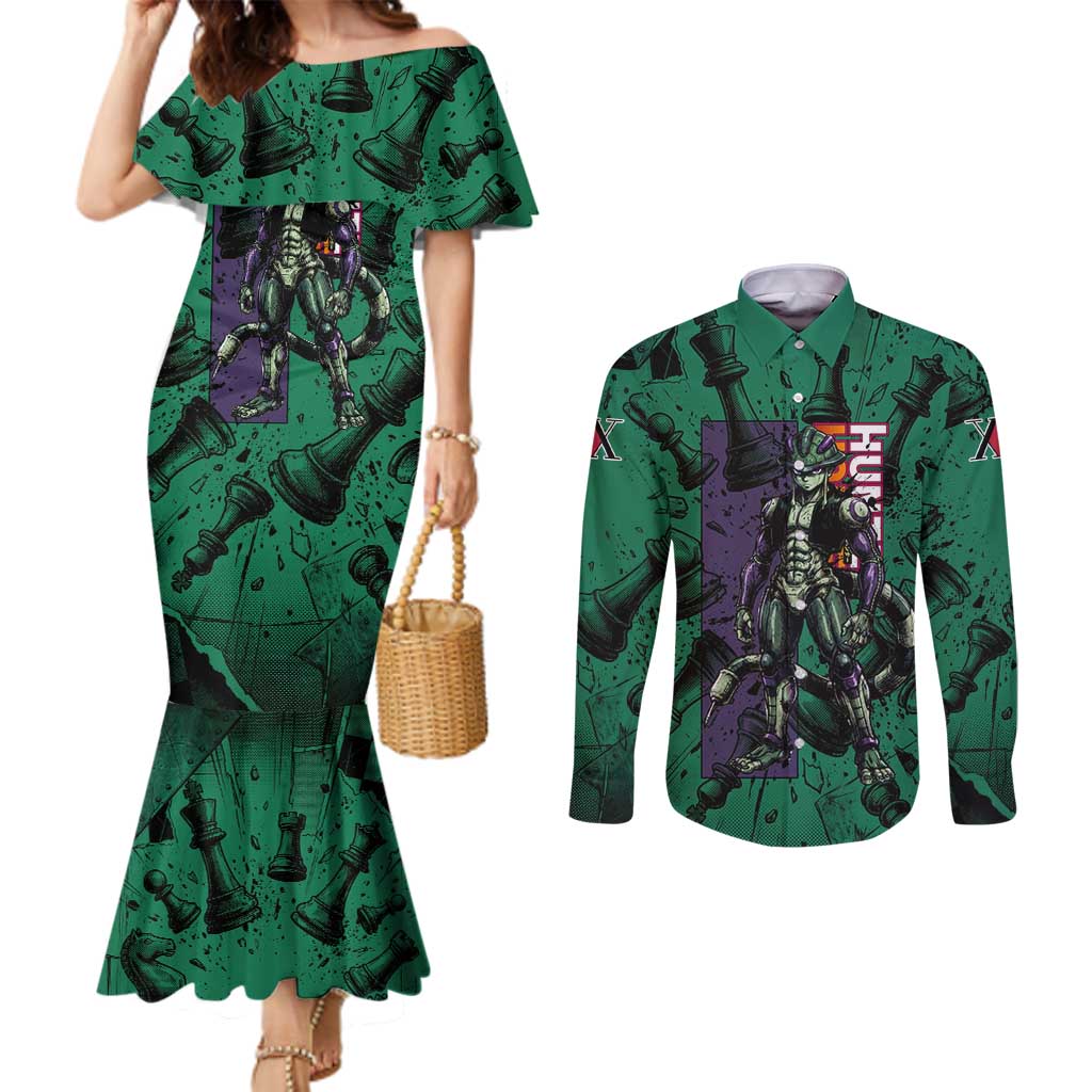 Meruem Chess Theme Couples Matching Mermaid Dress and Long Sleeve Button Shirt with Dark Aura and Strategic Anime Artwork Design - The Mazicc