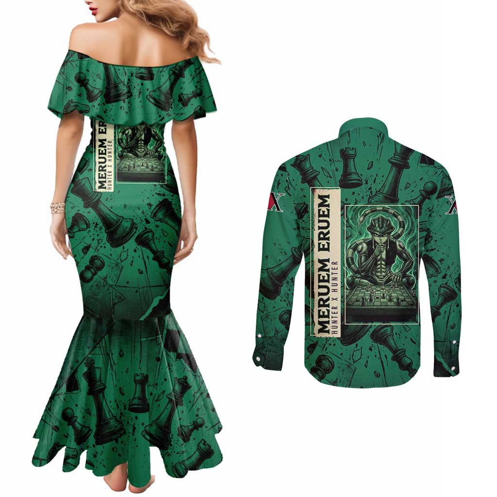 Meruem Chess Theme Couples Matching Mermaid Dress and Long Sleeve Button Shirt with Dark Aura and Strategic Anime Artwork Design - The Mazicc