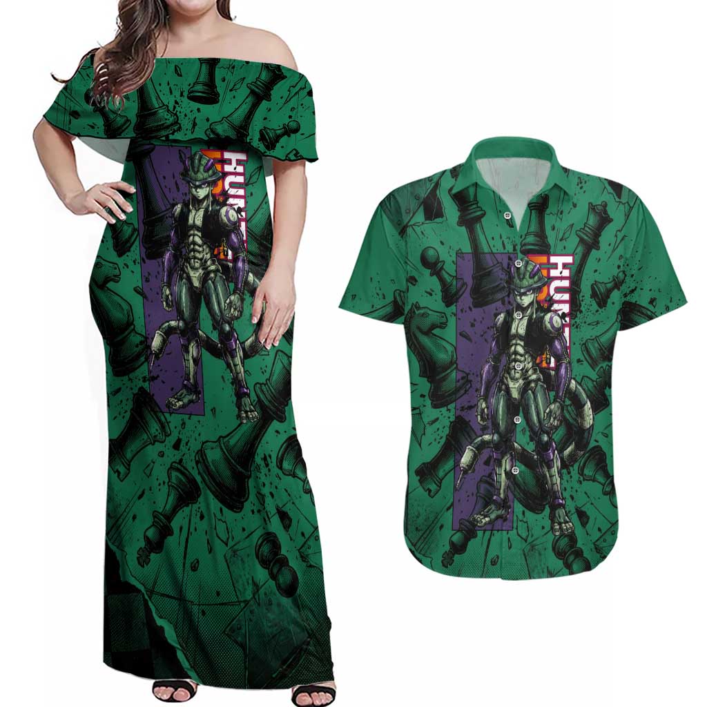 Meruem Chess Theme Couples Matching Off Shoulder Maxi Dress and Hawaiian Shirt with Dark Aura and Strategic Anime Artwork Design - The Mazicc