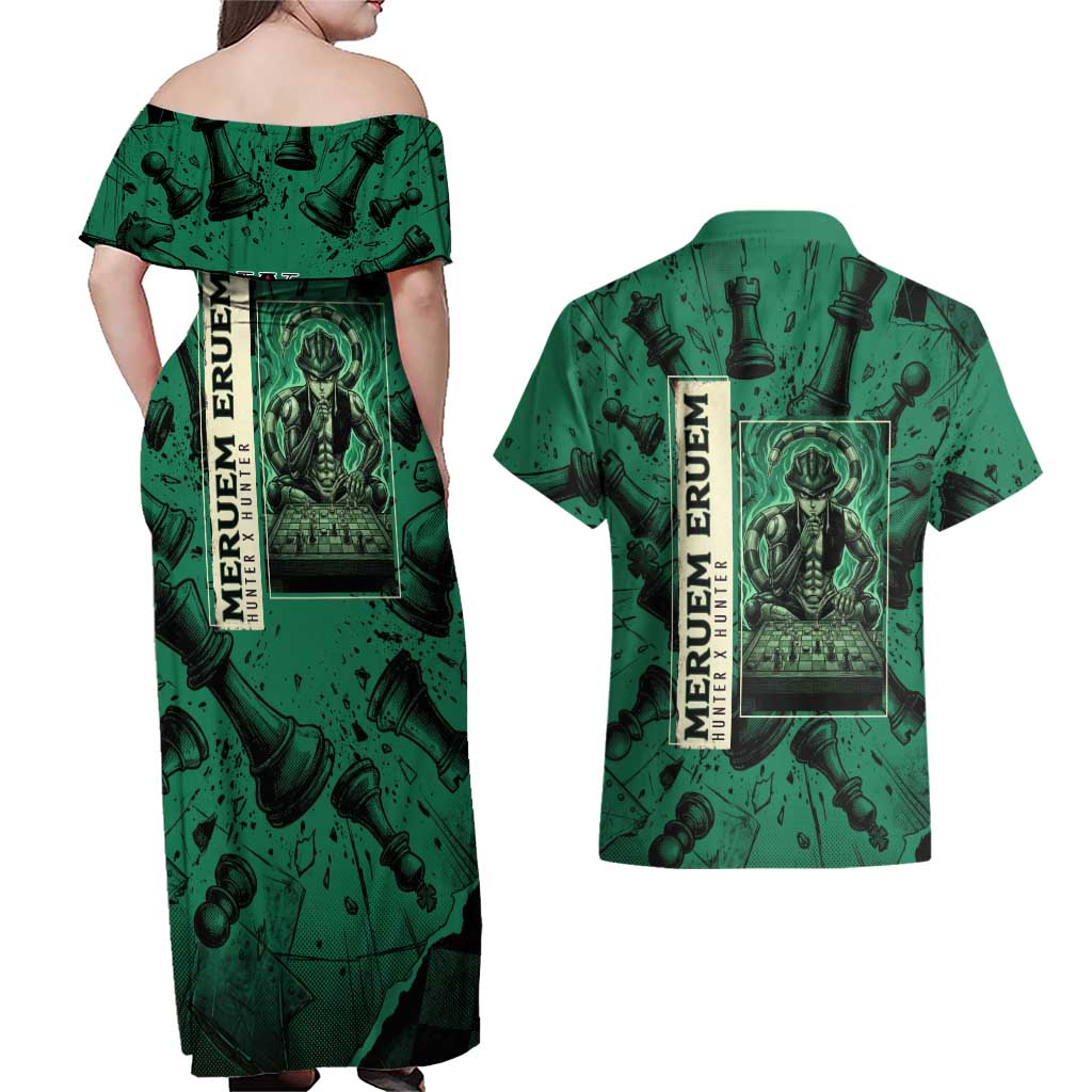 Meruem Chess Theme Couples Matching Off Shoulder Maxi Dress and Hawaiian Shirt with Dark Aura and Strategic Anime Artwork Design - The Mazicc