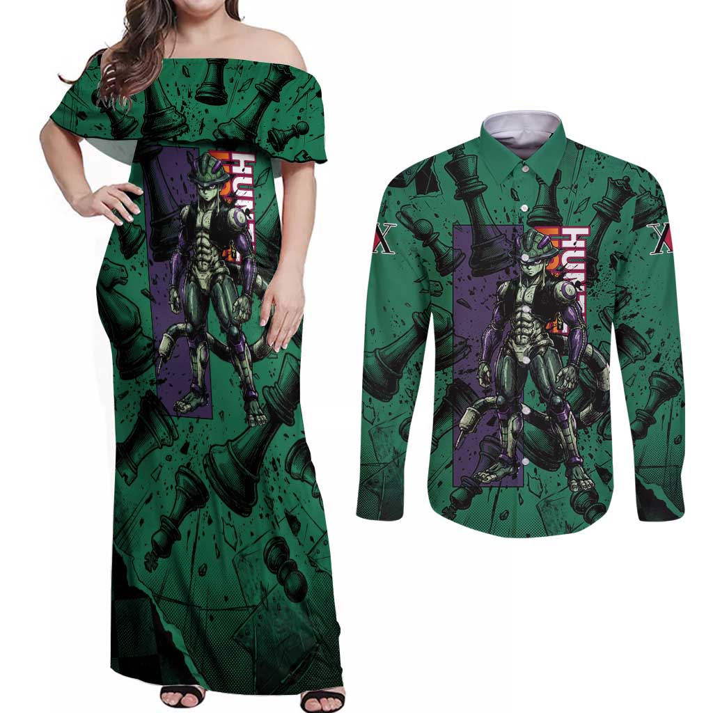 Meruem Chess Theme Couples Matching Off Shoulder Maxi Dress and Long Sleeve Button Shirt with Dark Aura and Strategic Anime Artwork Design - The Mazicc