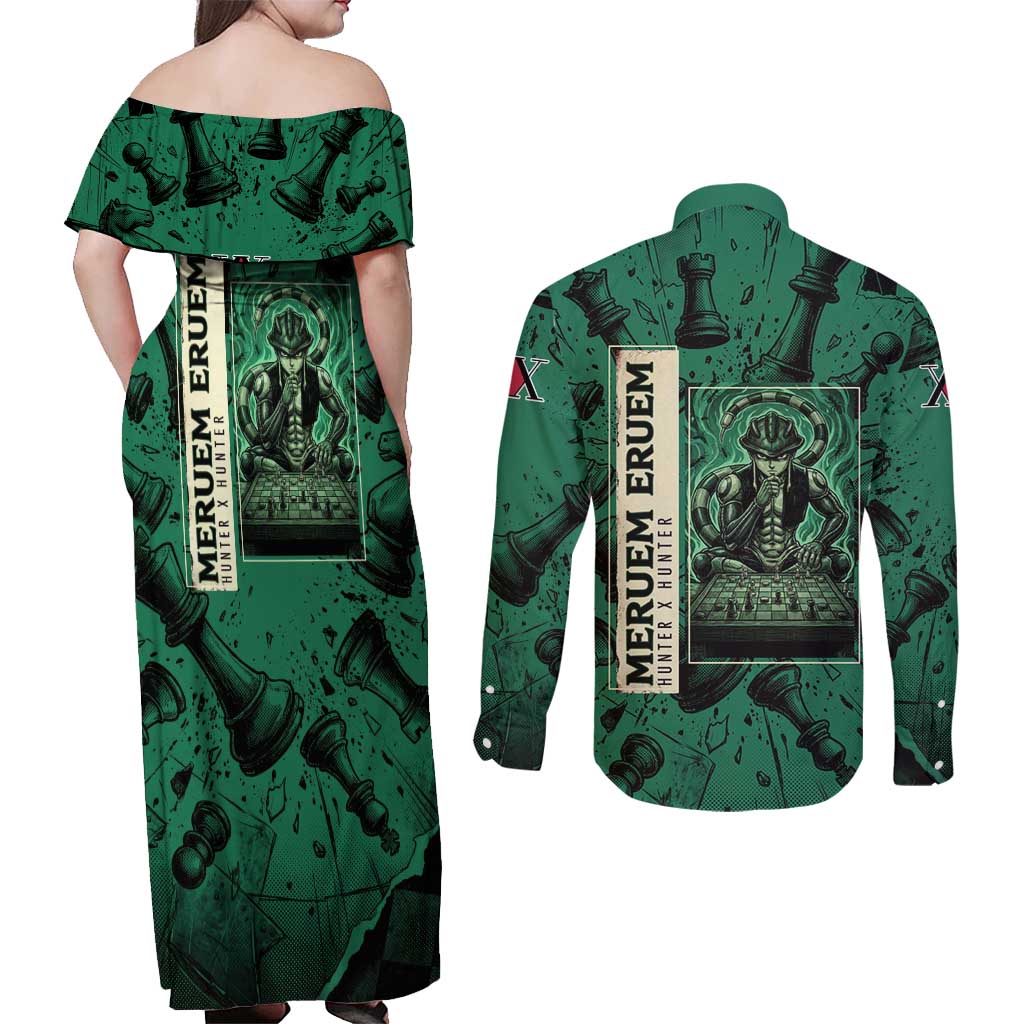 Meruem Chess Theme Couples Matching Off Shoulder Maxi Dress and Long Sleeve Button Shirt with Dark Aura and Strategic Anime Artwork Design - The Mazicc