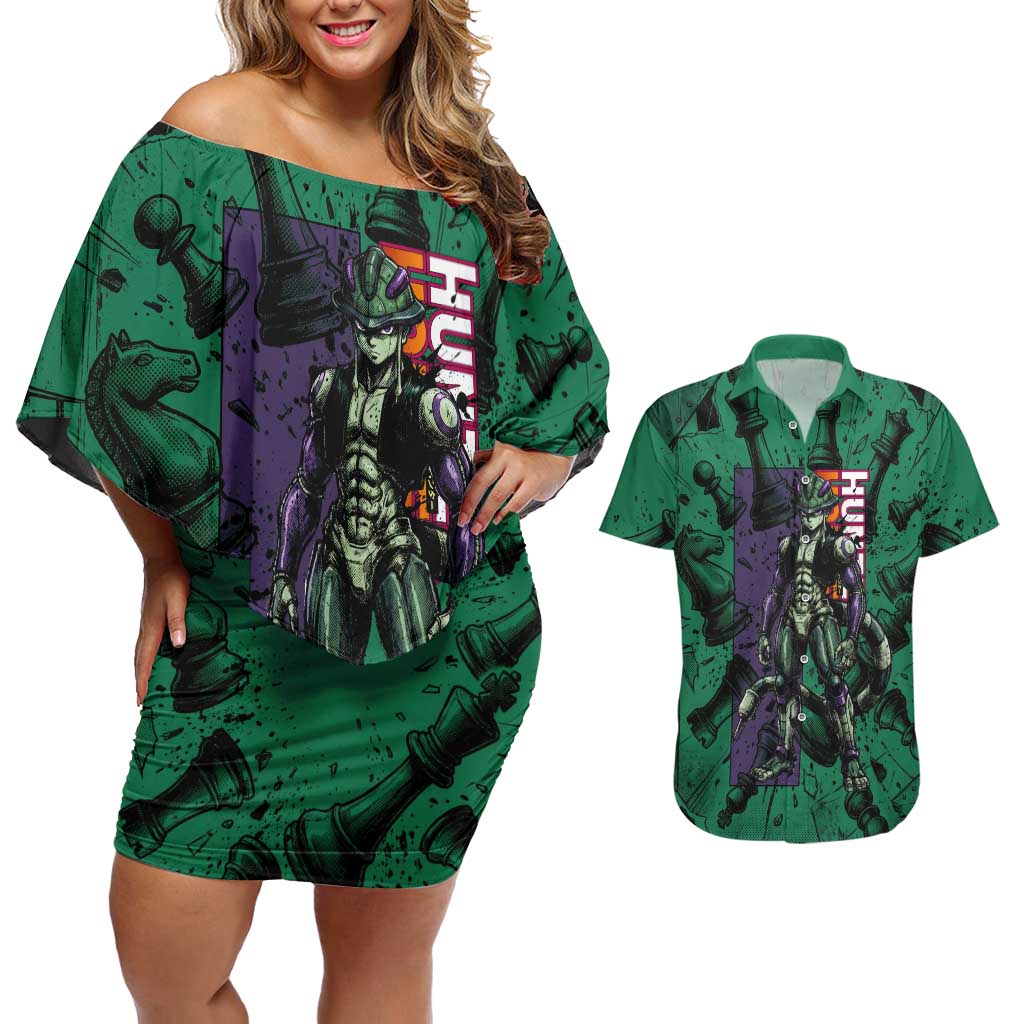 Meruem Chess Theme Couples Matching Off Shoulder Short Dress and Hawaiian Shirt with Dark Aura and Strategic Anime Artwork Design - The Mazicc