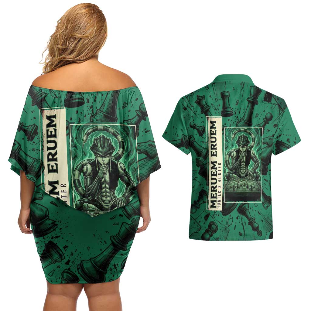 Meruem Chess Theme Couples Matching Off Shoulder Short Dress and Hawaiian Shirt with Dark Aura and Strategic Anime Artwork Design - The Mazicc