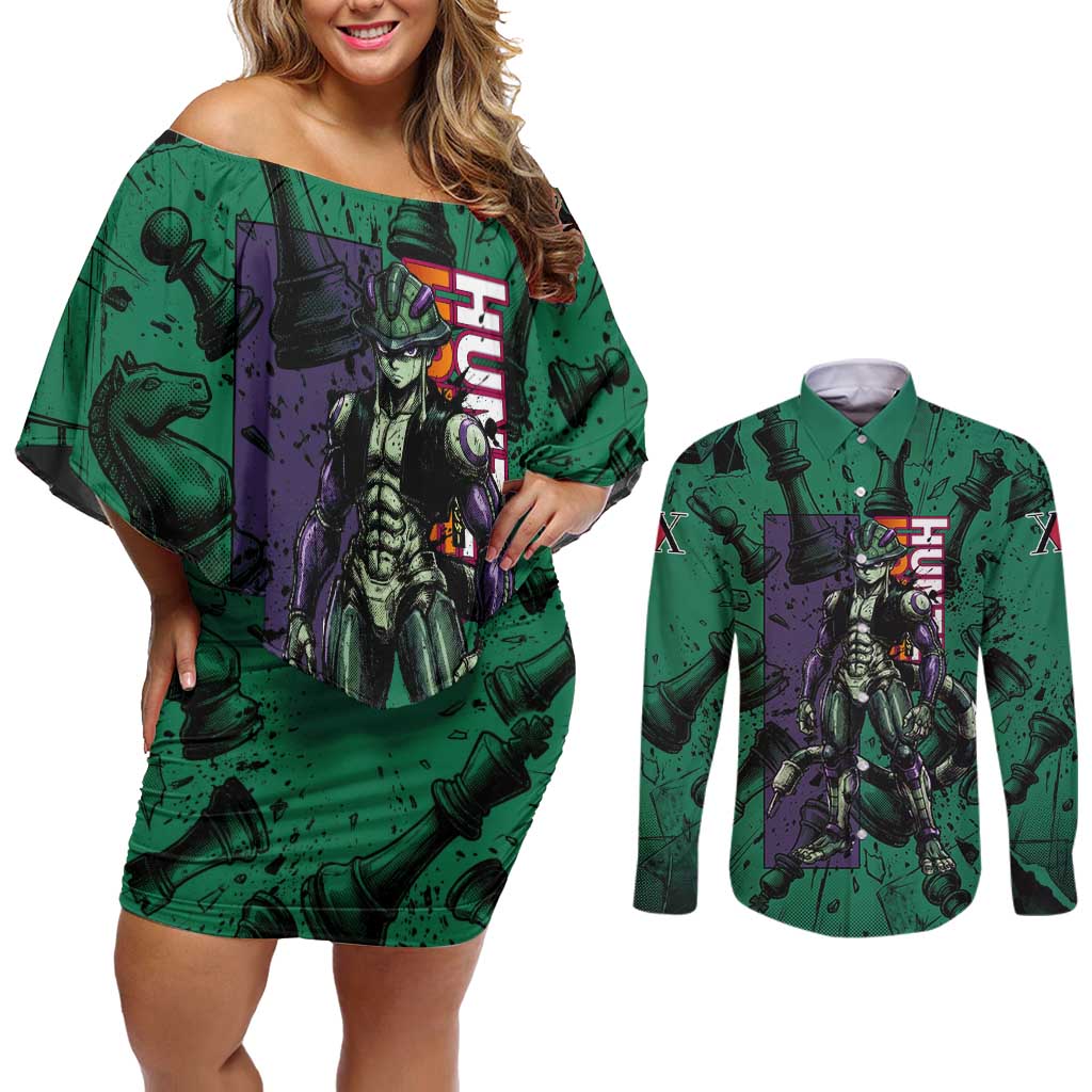 Meruem Chess Theme Couples Matching Off Shoulder Short Dress and Long Sleeve Button Shirt with Dark Aura and Strategic Anime Artwork Design - The Mazicc