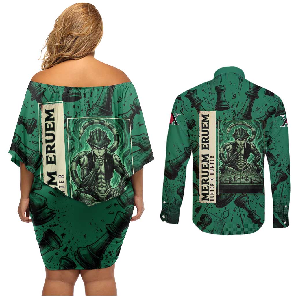 Meruem Chess Theme Couples Matching Off Shoulder Short Dress and Long Sleeve Button Shirt with Dark Aura and Strategic Anime Artwork Design - The Mazicc