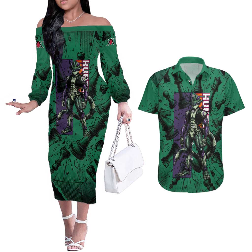 Meruem Chess Theme Couples Matching Off The Shoulder Long Sleeve Dress and Hawaiian Shirt with Dark Aura and Strategic Anime Artwork Design - The Mazicc