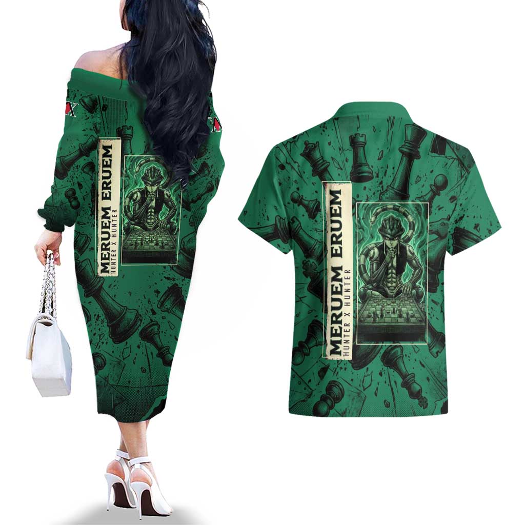 Meruem Chess Theme Couples Matching Off The Shoulder Long Sleeve Dress and Hawaiian Shirt with Dark Aura and Strategic Anime Artwork Design - The Mazicc