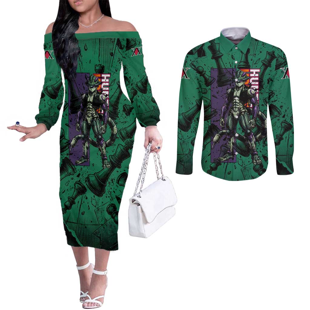 Meruem Chess Theme Couples Matching Off The Shoulder Long Sleeve Dress and Long Sleeve Button Shirt with Dark Aura and Strategic Anime Artwork Design - The Mazicc