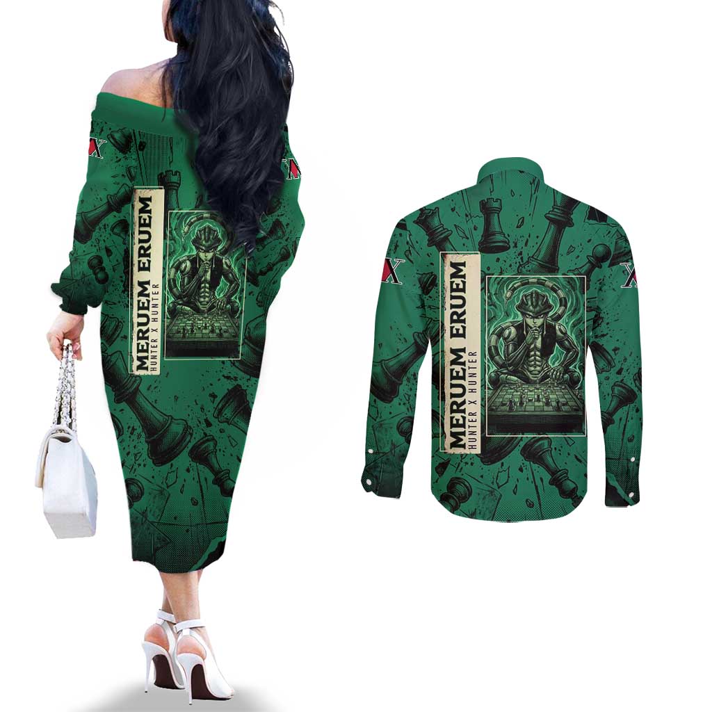 Meruem Chess Theme Couples Matching Off The Shoulder Long Sleeve Dress and Long Sleeve Button Shirt with Dark Aura and Strategic Anime Artwork Design - The Mazicc