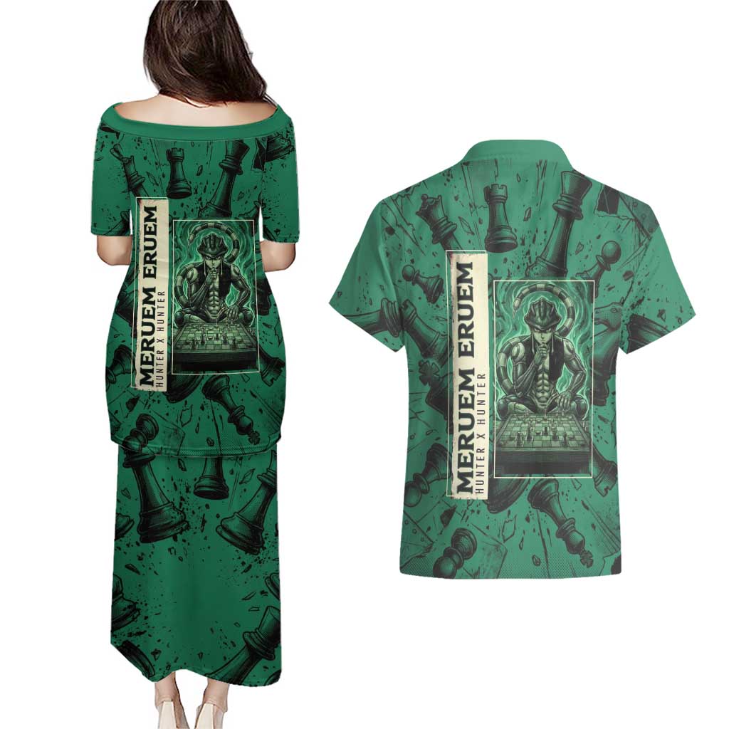 Meruem Chess Theme Couples Matching Puletasi and Hawaiian Shirt with Dark Aura and Strategic Anime Artwork Design - The Mazicc