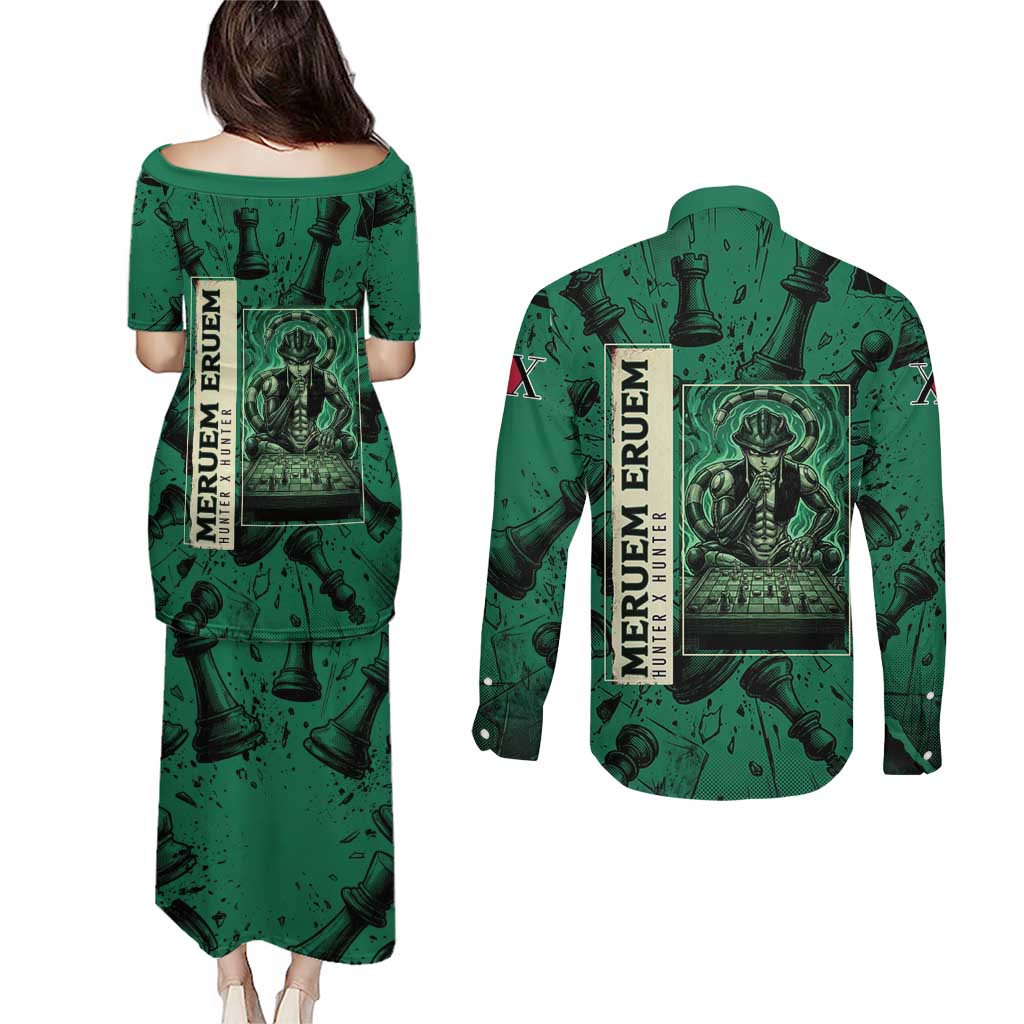 Meruem Chess Theme Couples Matching Puletasi and Long Sleeve Button Shirt with Dark Aura and Strategic Anime Artwork Design - The Mazicc