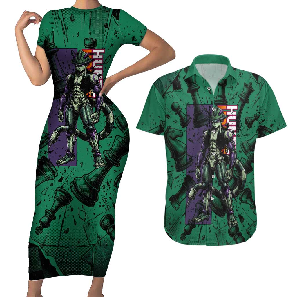 Meruem Chess Theme Couples Matching Short Sleeve Bodycon Dress and Hawaiian Shirt with Dark Aura and Strategic Anime Artwork Design - The Mazicc