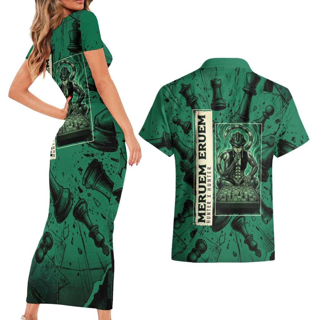 Meruem Chess Theme Couples Matching Short Sleeve Bodycon Dress and Hawaiian Shirt with Dark Aura and Strategic Anime Artwork Design - The Mazicc