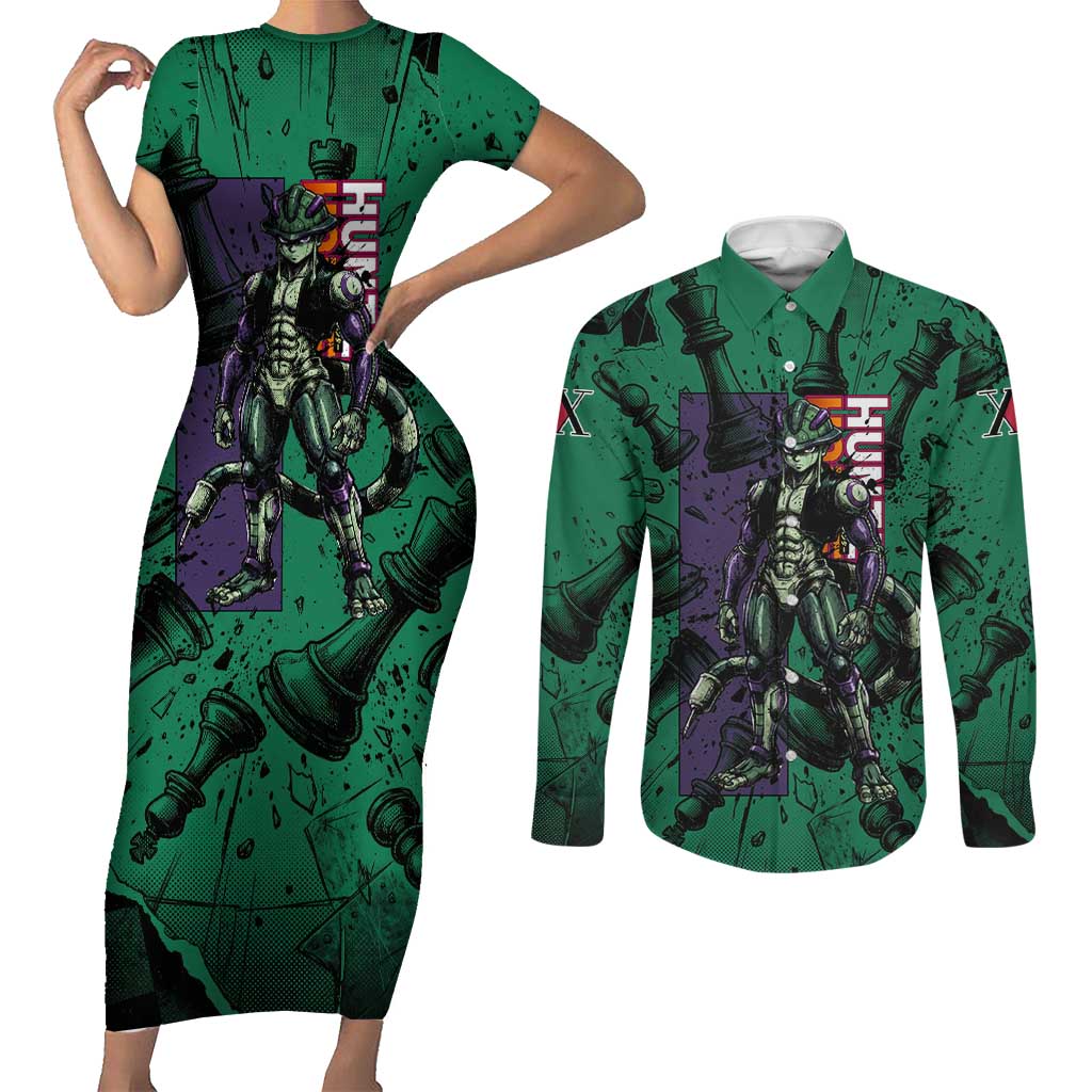 Meruem Chess Theme Couples Matching Short Sleeve Bodycon Dress and Long Sleeve Button Shirt with Dark Aura and Strategic Anime Artwork Design - The Mazicc