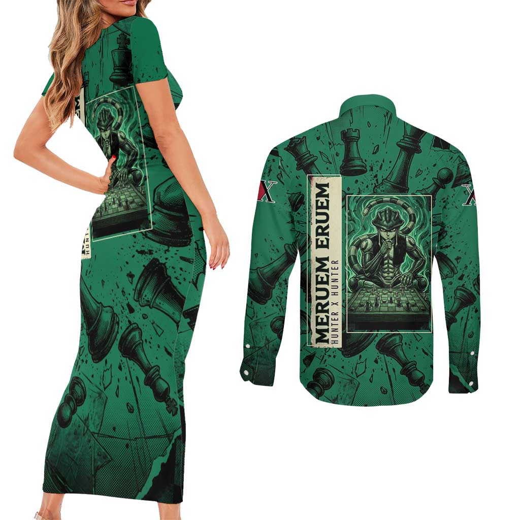 Meruem Chess Theme Couples Matching Short Sleeve Bodycon Dress and Long Sleeve Button Shirt with Dark Aura and Strategic Anime Artwork Design - The Mazicc