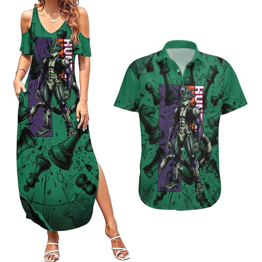 Meruem Chess Theme Couples Matching Summer Maxi Dress and Hawaiian Shirt with Dark Aura and Strategic Anime Artwork Design - The Mazicc