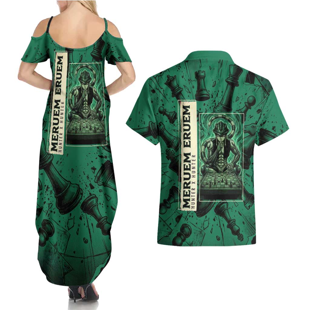 Meruem Chess Theme Couples Matching Summer Maxi Dress and Hawaiian Shirt with Dark Aura and Strategic Anime Artwork Design - The Mazicc