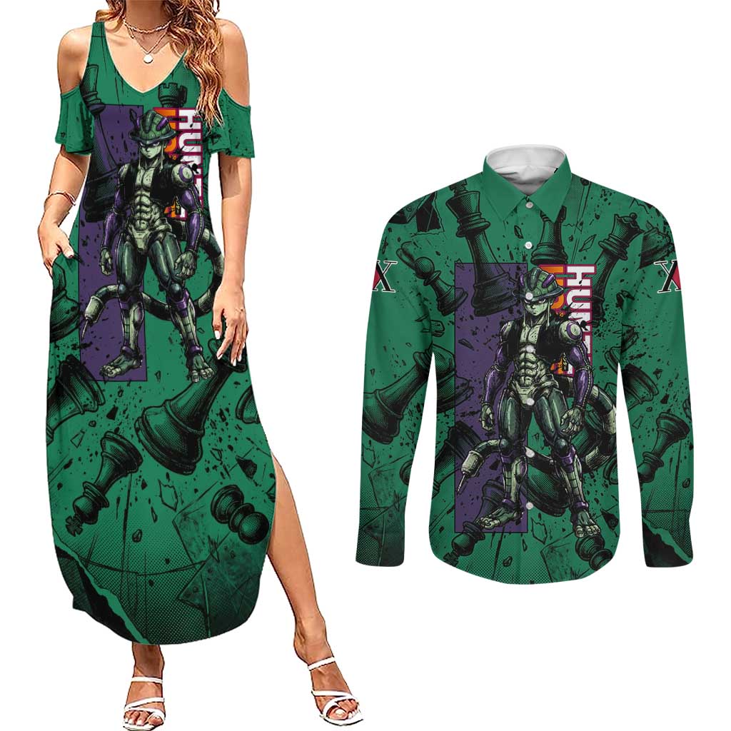 Meruem Chess Theme Couples Matching Summer Maxi Dress and Long Sleeve Button Shirt with Dark Aura and Strategic Anime Artwork Design - The Mazicc