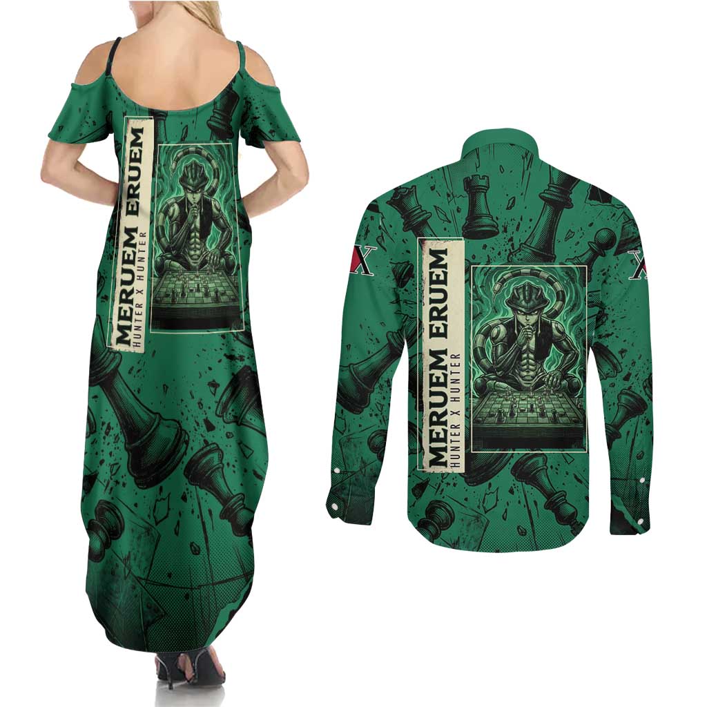 Meruem Chess Theme Couples Matching Summer Maxi Dress and Long Sleeve Button Shirt with Dark Aura and Strategic Anime Artwork Design - The Mazicc