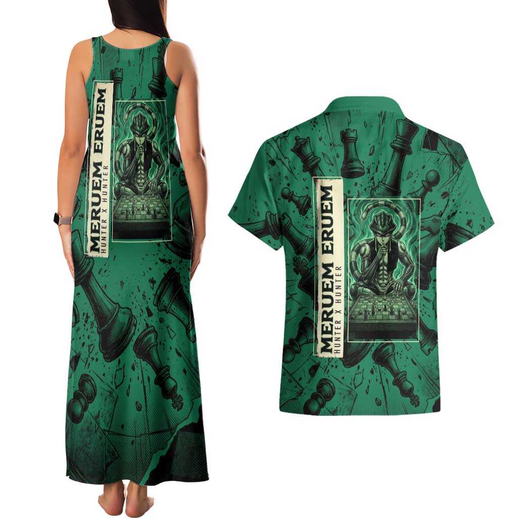 Meruem Chess Theme Couples Matching Tank Maxi Dress and Hawaiian Shirt with Dark Aura and Strategic Anime Artwork Design - The Mazicc