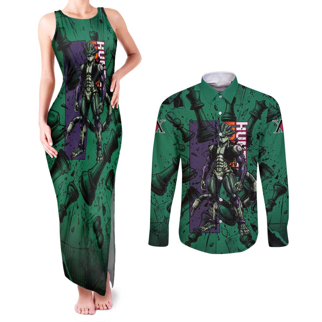 Meruem Chess Theme Couples Matching Tank Maxi Dress and Long Sleeve Button Shirt with Dark Aura and Strategic Anime Artwork Design - The Mazicc