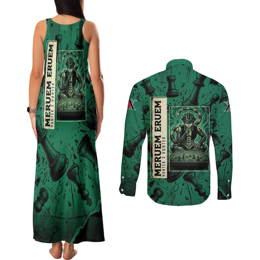 Meruem Chess Theme Couples Matching Tank Maxi Dress and Long Sleeve Button Shirt with Dark Aura and Strategic Anime Artwork Design - The Mazicc