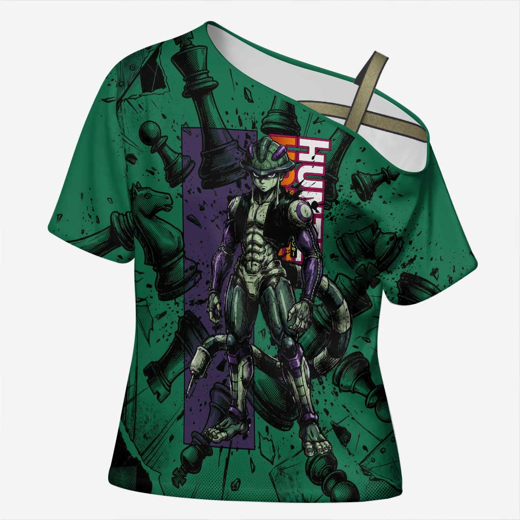 Meruem Chess Theme Cross Shoulder Shirt with Dark Aura and Strategic Anime Artwork Design - The Mazicc
