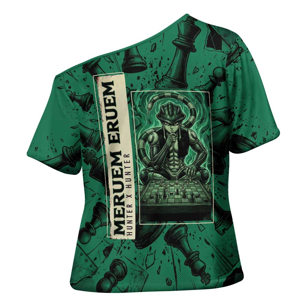Meruem Chess Theme Cross Shoulder Shirt with Dark Aura and Strategic Anime Artwork Design - The Mazicc