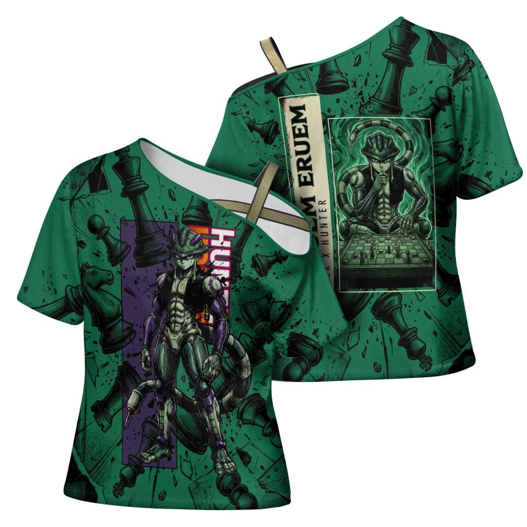Meruem Chess Theme Cross Shoulder Shirt with Dark Aura and Strategic Anime Artwork Design - The Mazicc