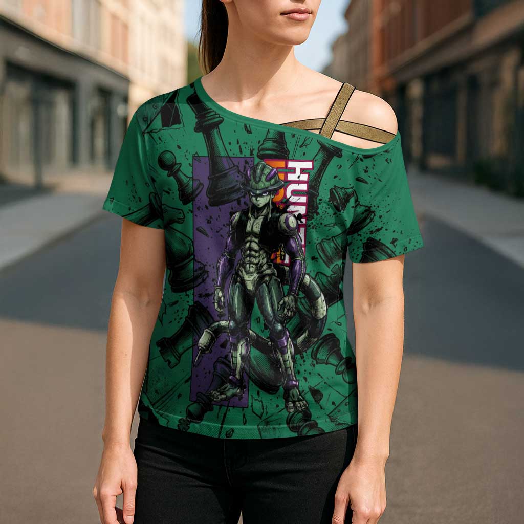 Meruem Chess Theme Cross Shoulder Shirt with Dark Aura and Strategic Anime Artwork Design - The Mazicc