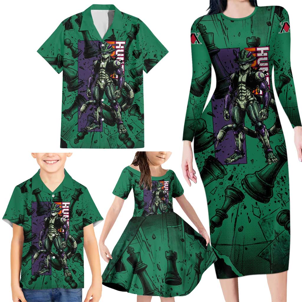 Meruem Chess Theme Family Matching Long Sleeve Bodycon Dress and Hawaiian Shirt with Dark Aura and Strategic Anime Artwork Design