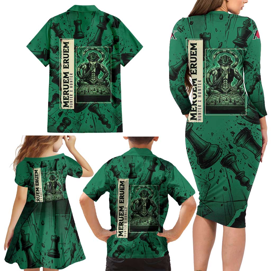 Meruem Chess Theme Family Matching Long Sleeve Bodycon Dress and Hawaiian Shirt with Dark Aura and Strategic Anime Artwork Design