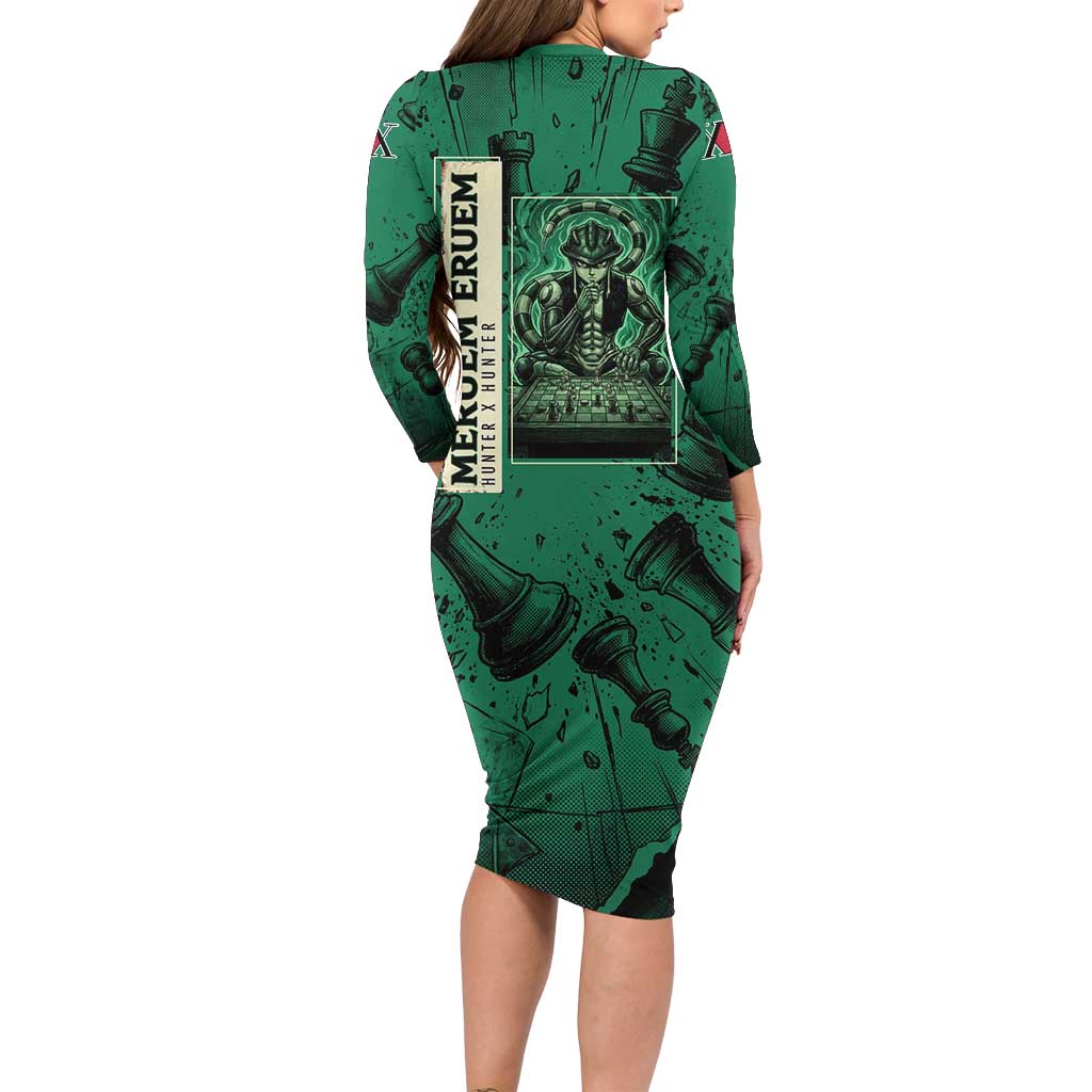 Meruem Chess Theme Family Matching Long Sleeve Bodycon Dress and Hawaiian Shirt with Dark Aura and Strategic Anime Artwork Design