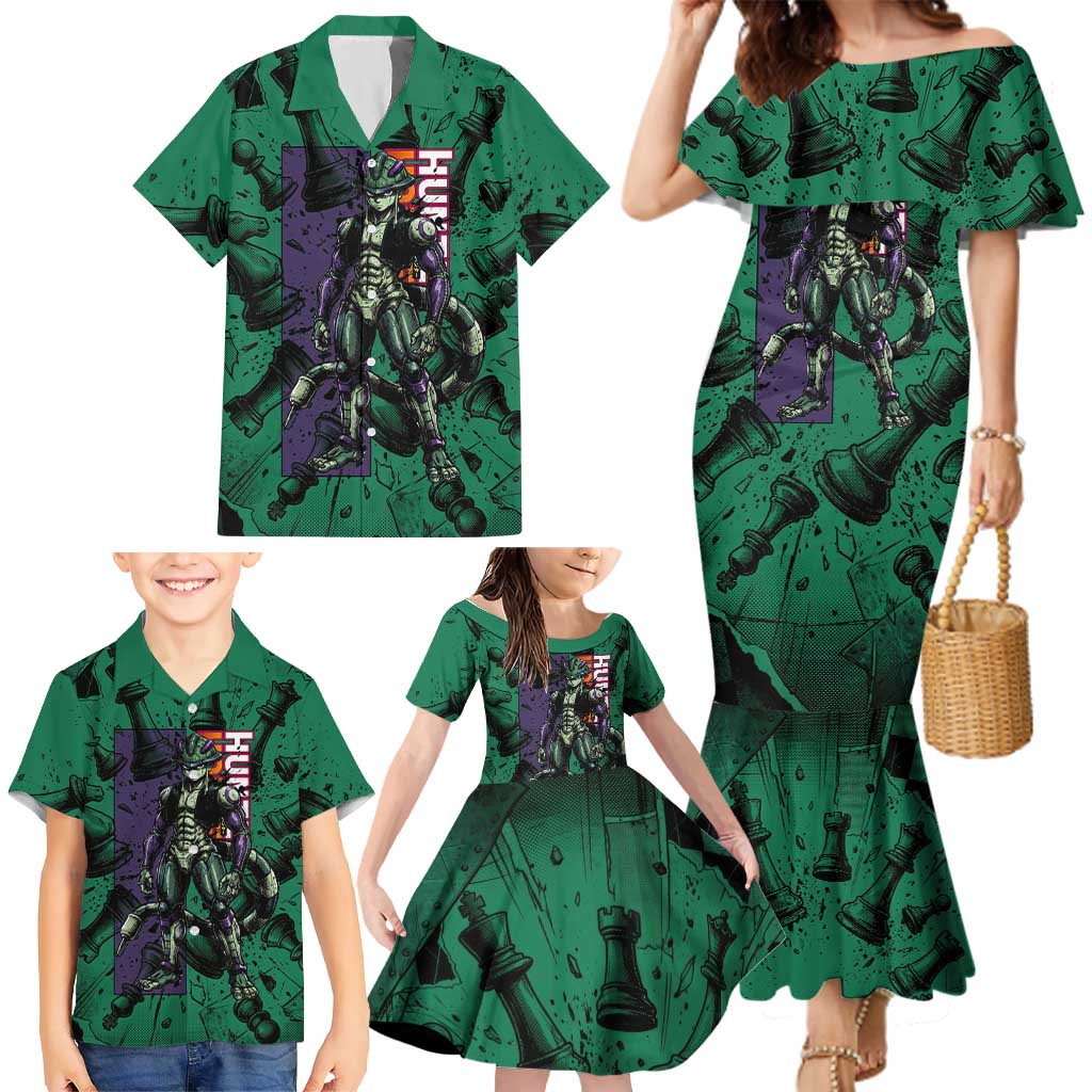 Meruem Chess Theme Family Matching Mermaid Dress and Hawaiian Shirt with Dark Aura and Strategic Anime Artwork Design