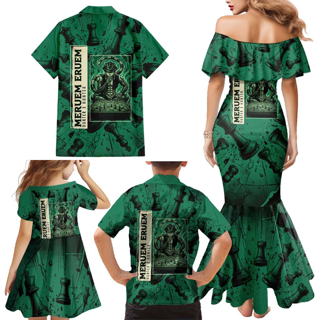Meruem Chess Theme Family Matching Mermaid Dress and Hawaiian Shirt with Dark Aura and Strategic Anime Artwork Design