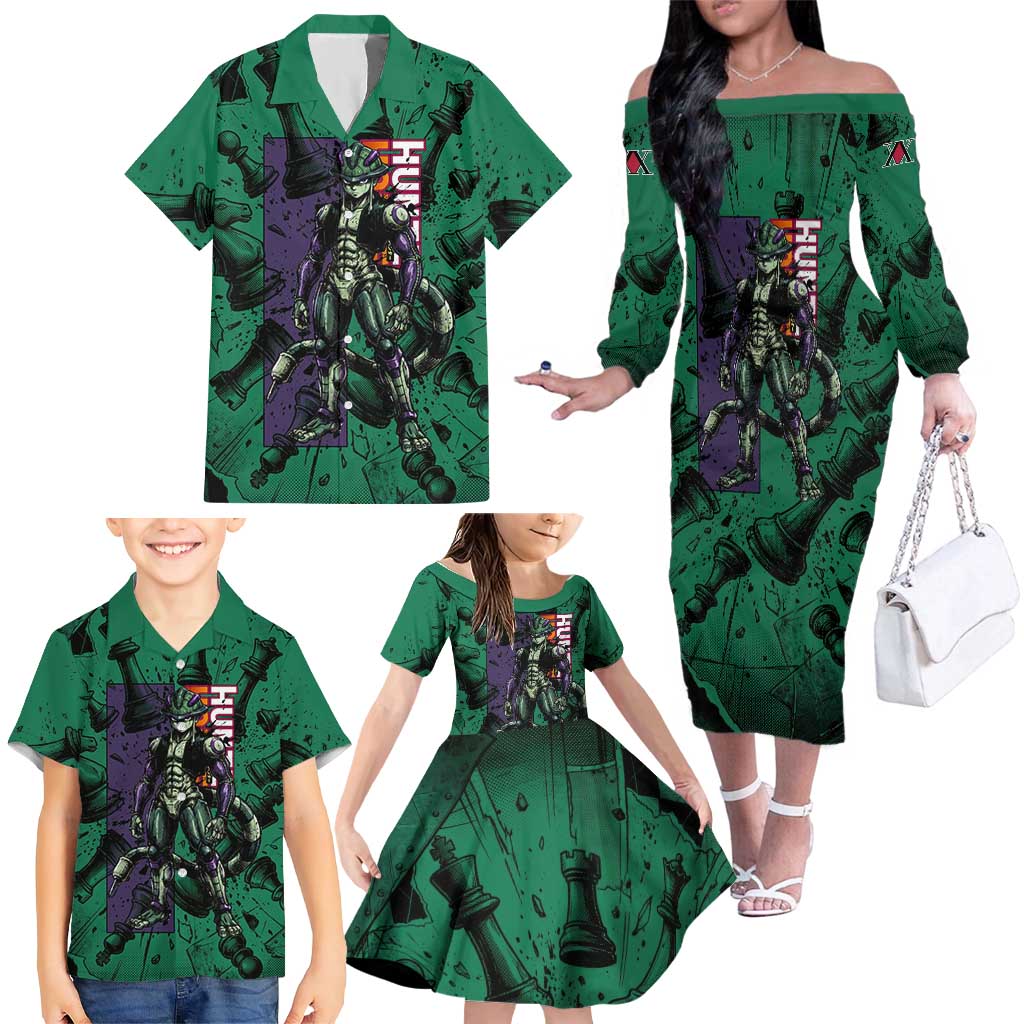 Meruem Chess Theme Family Matching Off The Shoulder Long Sleeve Dress and Hawaiian Shirt with Dark Aura and Strategic Anime Artwork Design