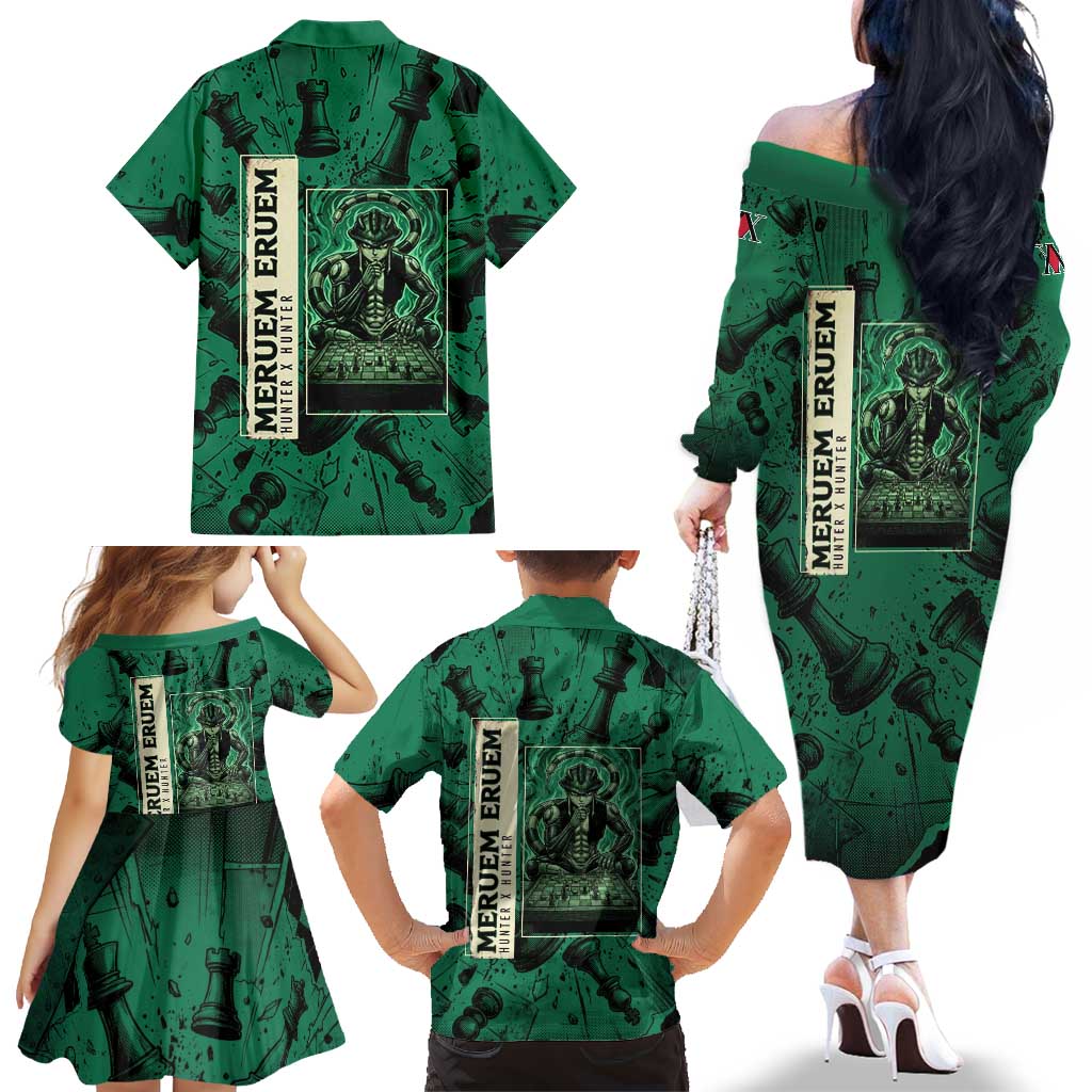 Meruem Chess Theme Family Matching Off The Shoulder Long Sleeve Dress and Hawaiian Shirt with Dark Aura and Strategic Anime Artwork Design