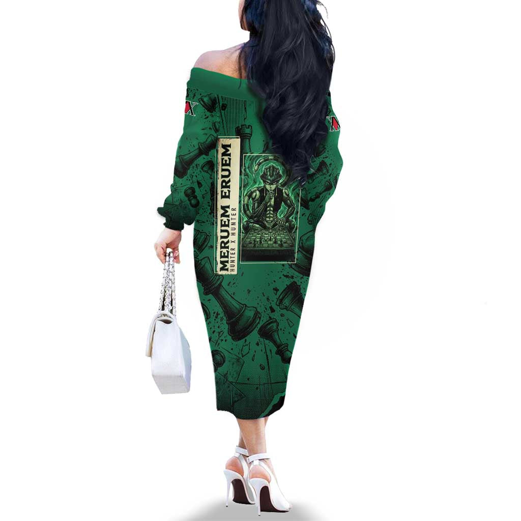 Meruem Chess Theme Family Matching Off The Shoulder Long Sleeve Dress and Hawaiian Shirt with Dark Aura and Strategic Anime Artwork Design