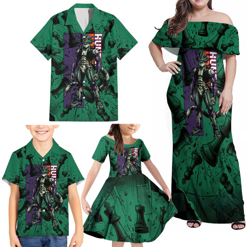 Meruem Chess Theme Family Matching Off Shoulder Maxi Dress and Hawaiian Shirt with Dark Aura and Strategic Anime Artwork Design