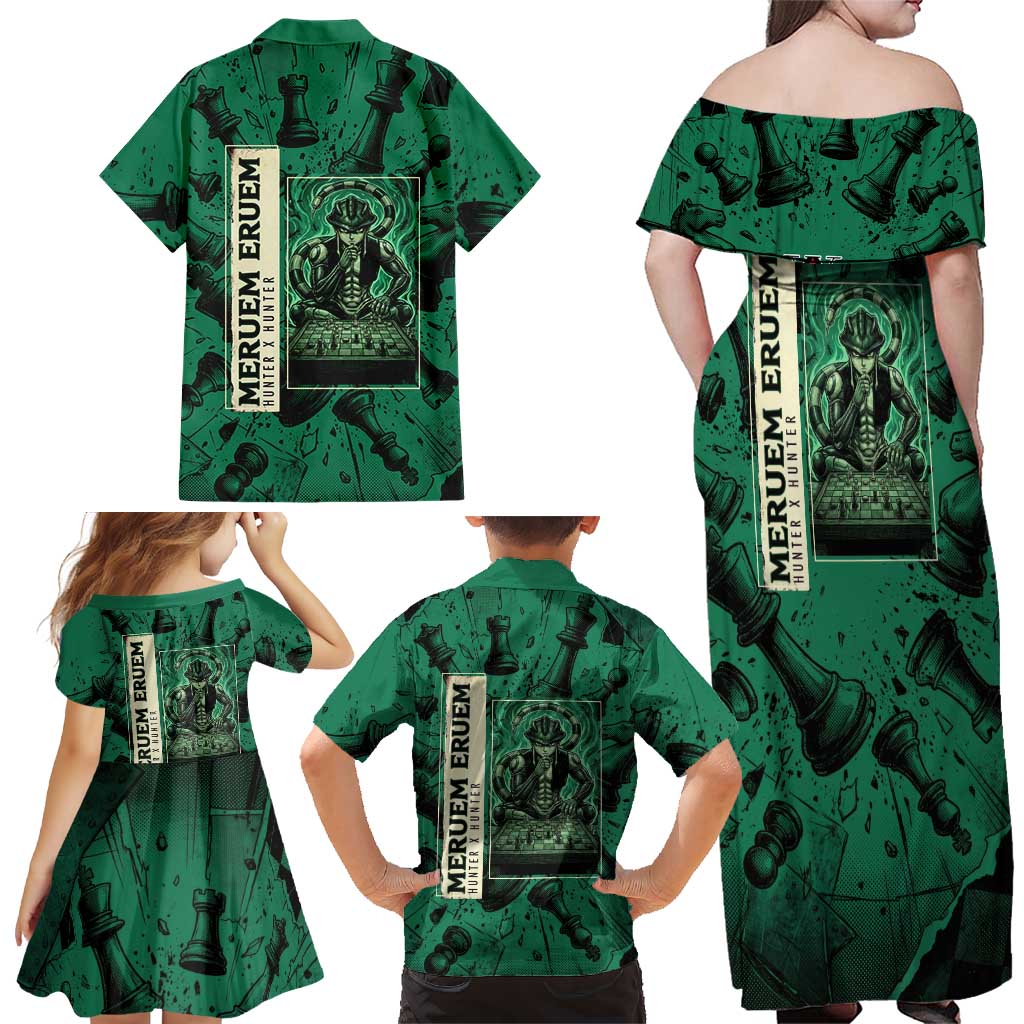 Meruem Chess Theme Family Matching Off Shoulder Maxi Dress and Hawaiian Shirt with Dark Aura and Strategic Anime Artwork Design